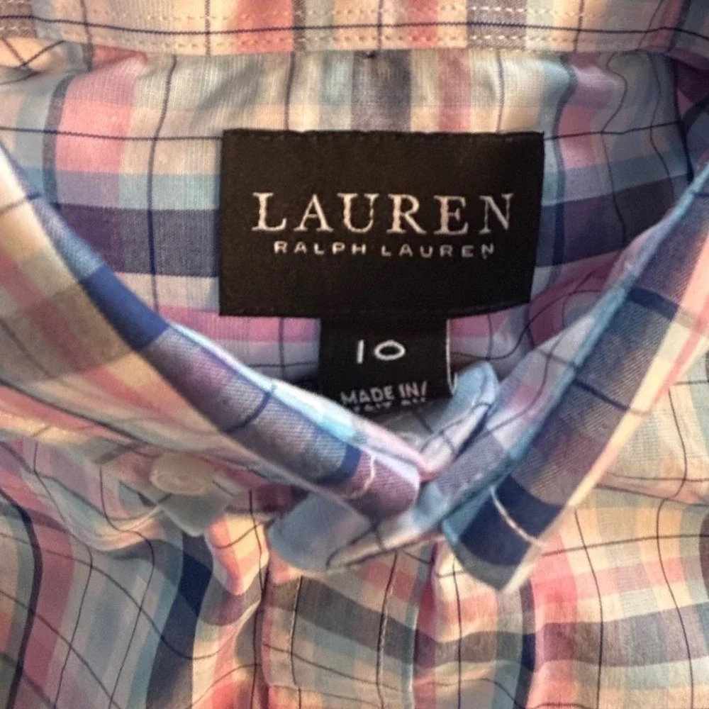 Ralph Lauren Kids Boys Plaid Button Down Shirt Sz 10 Pink Blue Crest Black Label